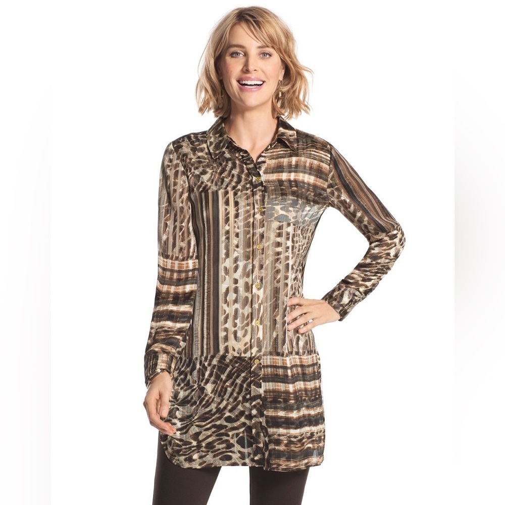 Chico’s Aviana Striped Leopard-Print Button Up Blouse Top